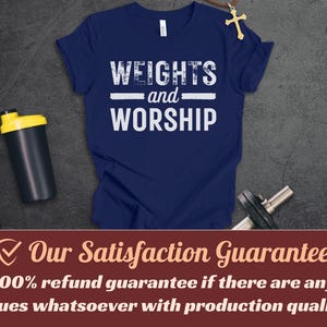 Christian Workout Shirts, Weights and Worship, Bible Shirt, Christian Gifts, Weightlifting TShirt, Fitness T-Shirt, Gym and Jesus, Exercise Navy