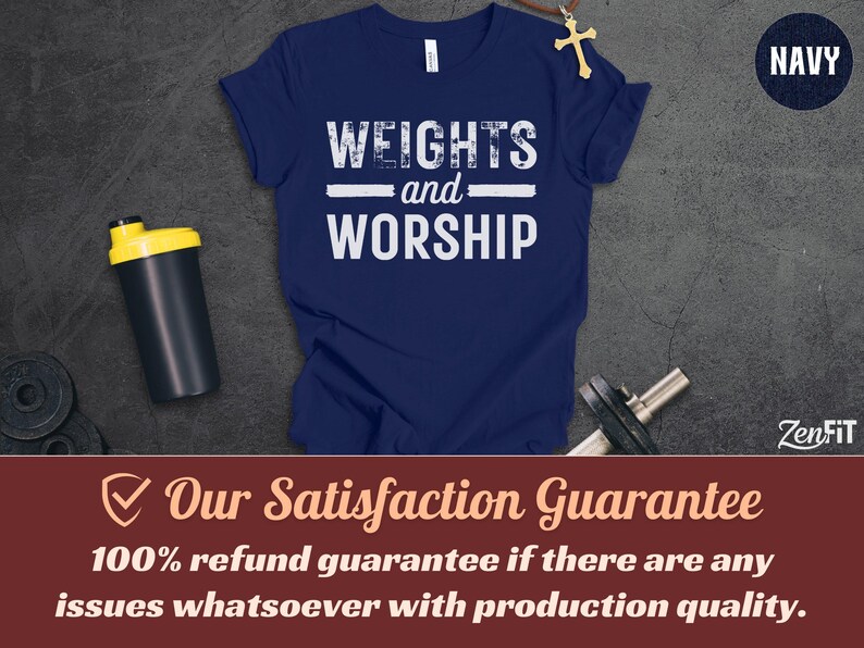 Christian Workout Shirts, Weights and Worship, Bible Shirt, Christian Gifts, Weightlifting TShirt, Fitness T-Shirt, Gym and Jesus, Exercise Navy