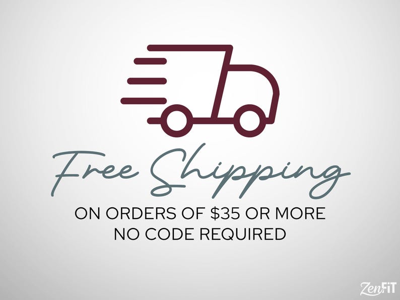 Puede incluir: Un icono de l&iacute;nea de color granate oscuro de un cami&oacute;n de reparto con l&iacute;neas de movimiento. Debajo del cami&oacute;n, el texto dice Free Shipping, seguido de ON ORDERS OF $35 OR MORE, NO CODE REQUIRED. En la esquina inferior derecha, aparece ZenFIT.