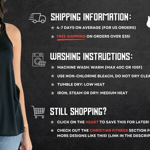 May include: A black sleeveless tank top worn with blue jeans. The image includes text: SHIPPING INFORMATION, 4-7 DAYS ON AVERAGE (FOR US ORDERS), FREE SHIPPING ON ORDERS OVER $35!, WASHING INSTRUCTIONS, MACHINE WASH: WARM (MAX 40C OR 105F), TUMBLE DRY: LOW HEAT.