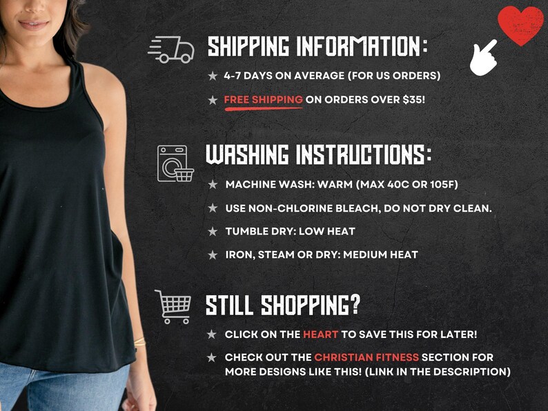 May include: A black sleeveless tank top worn with blue jeans. The image includes text: SHIPPING INFORMATION, 4-7 DAYS ON AVERAGE (FOR US ORDERS), FREE SHIPPING ON ORDERS OVER $35!, WASHING INSTRUCTIONS, MACHINE WASH: WARM (MAX 40C OR 105F), TUMBLE DRY: LOW HEAT.