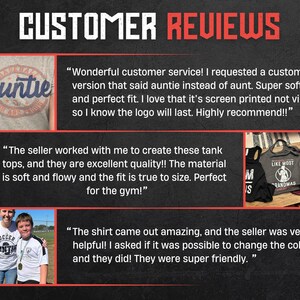 May include: A customer review graphic featuring three distinct sections. The top left shows a grey t-shirt with the word Auntie in blue script. The middle right displays three tank tops with graphic prints. The bottom left shows two people wearing white t-shirts.