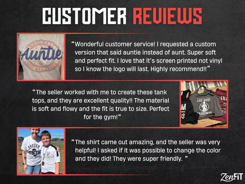 May include: A customer review graphic featuring three distinct sections. The top left shows a grey t-shirt with the word Auntie in blue script. The middle right displays three tank tops with graphic prints. The bottom left shows two people wearing white t-shirts.