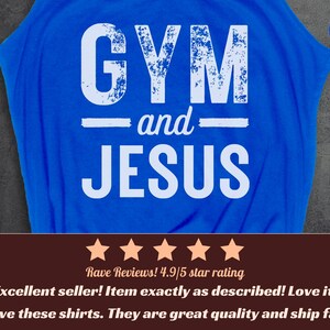 May include: A bright royal blue t-shirt featuring the white distressed text GYM and JESUS printed on the front. The shirt includes a small circular badge in the top right corner labeled TRUE ROYAL and the brand name ZenFIT in the bottom right corner.