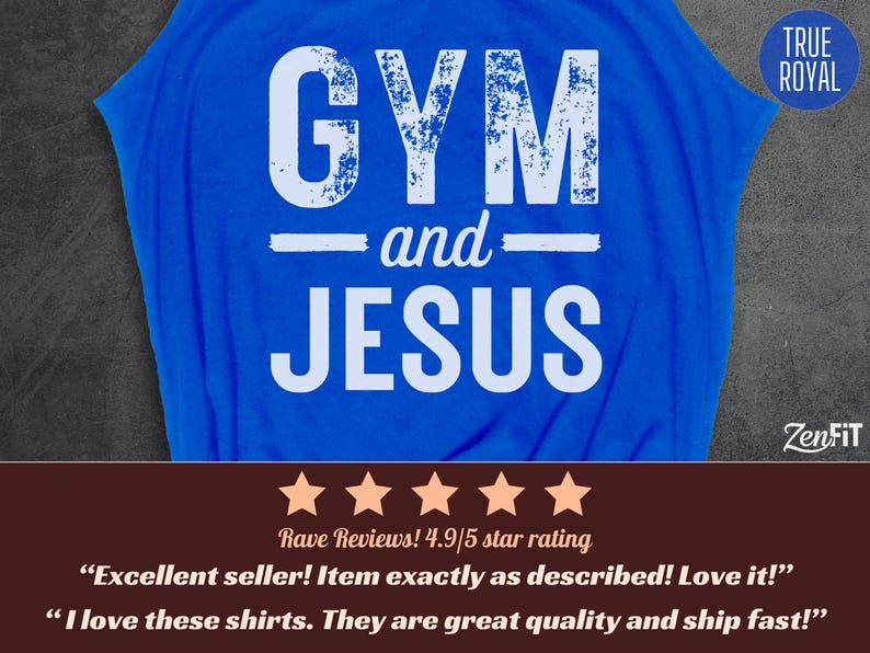 May include: A bright royal blue t-shirt featuring the white distressed text GYM and JESUS printed on the front. The shirt includes a small circular badge in the top right corner labeled TRUE ROYAL and the brand name ZenFIT in the bottom right corner.