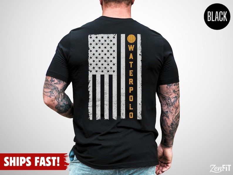Camiseta de waterpolo de EE. UU., bandera estadounidense: 100 % algodón, tallas S-3XL Black