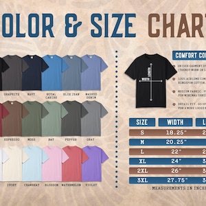 Op de afbeelding: Kleur- en maattabel voor unisex geverfde T-shirts. De tabel toont verschillende kleuren zoals zwart, marineblauw en violet. De maten zijn in inches, met maten van S tot 3XL. De shirts zijn gemaakt van 100% airlume gekamd en ringspun katoen.