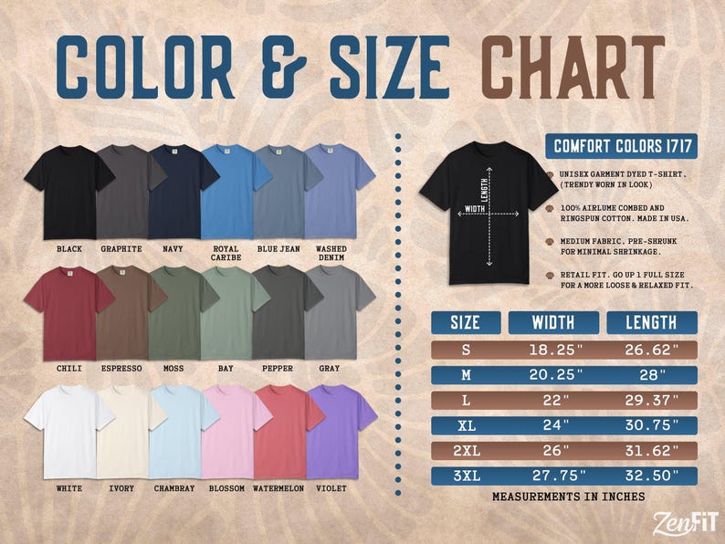 Op de afbeelding: Kleur- en maattabel voor unisex geverfde T-shirts. De tabel toont verschillende kleuren zoals zwart, marineblauw en violet. De maten zijn in inches, met maten van S tot 3XL. De shirts zijn gemaakt van 100% airlume gekamd en ringspun katoen.