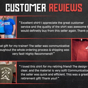 May include: A customer review graphic featuring three distinct sections. The top shows two people in blue t-shirts, the middle displays a maroon t-shirt with a white barbell cross logo, and the bottom shows an olive green t-shirt with fishing graphics.