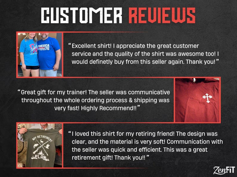 May include: A customer review graphic featuring three distinct sections. The top shows two people in blue t-shirts, the middle displays a maroon t-shirt with a white barbell cross logo, and the bottom shows an olive green t-shirt with fishing graphics.