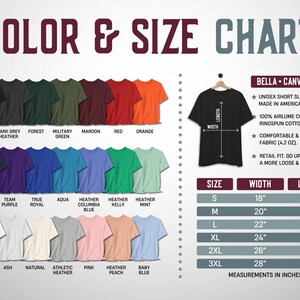 Puede incluir: Una tabla de colores y tallas para camisetas de manga corta Bella + Canvas 3001. Muestra veinticuatro colores de camisetas, un gr&aacute;fico de una camiseta negra con flechas de ancho y largo, y una tabla con tallas de la S a la 3XL en pulgadas.