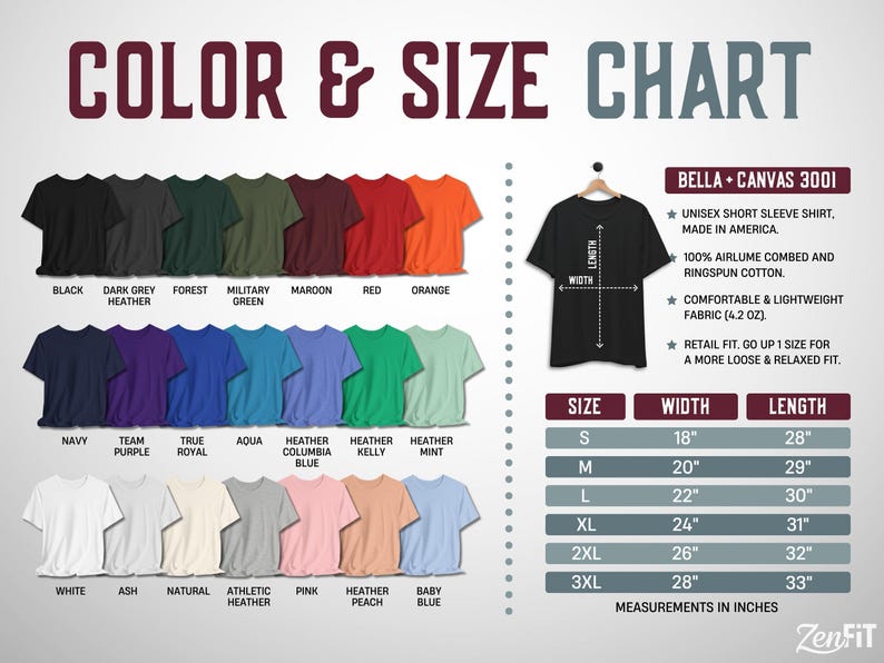 Puede incluir: Una tabla de colores y tallas para camisetas de manga corta Bella + Canvas 3001. Muestra veinticuatro colores de camisetas, un gr&aacute;fico de una camiseta negra con flechas de ancho y largo, y una tabla con tallas de la S a la 3XL en pulgadas.