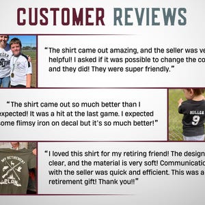 Puede incluir: Un gr&aacute;fico de rese&ntilde;as de clientes titulado CUSTOMER REVIEWS con tres testimonios. El primero muestra a dos personas con camisetas blancas, el segundo a un ni&ntilde;o con una camiseta negra con MILLER 9, y el tercero una camiseta verde oliva con el texto MY RETIREMENT PLAN.