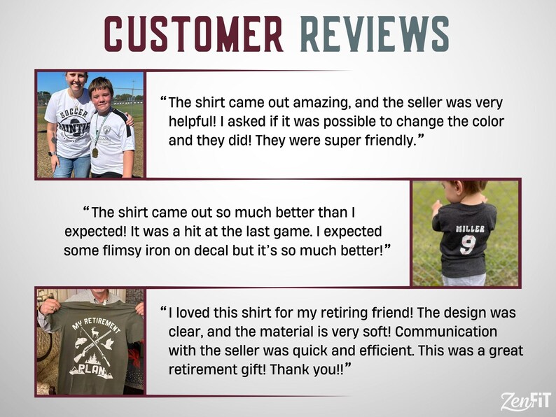 Puede incluir: Un gr&aacute;fico de rese&ntilde;as de clientes titulado CUSTOMER REVIEWS con tres testimonios. El primero muestra a dos personas con camisetas blancas, el segundo a un ni&ntilde;o con una camiseta negra con MILLER 9, y el tercero una camiseta verde oliva con el texto MY RETIREMENT PLAN.
