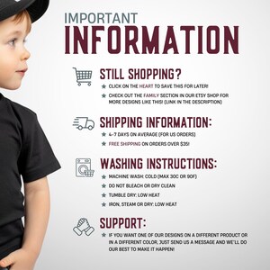 K&ouml;nnte beinhalten: Eine Informationsgrafik mit einem Kind in einem schwarzen T-Shirt und einer Kappe, die den Text IMPORTANT INFORMATION, STILL SHOPPING, SHIPPING INFORMATION, WASHING INSTRUCTIONS und SUPPORT sowie Symbole f&uuml;r Einkaufswagen, LKW, Waschmaschine und H&auml;nde zeigt.
