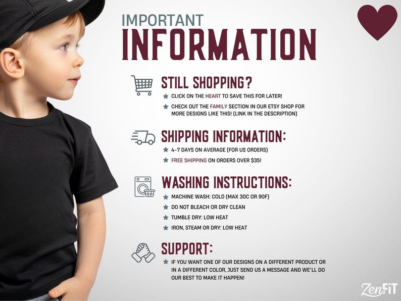 K&ouml;nnte beinhalten: Eine Informationsgrafik mit einem Kind in einem schwarzen T-Shirt und einer Kappe, die den Text IMPORTANT INFORMATION, STILL SHOPPING, SHIPPING INFORMATION, WASHING INSTRUCTIONS und SUPPORT sowie Symbole f&uuml;r Einkaufswagen, LKW, Waschmaschine und H&auml;nde zeigt.