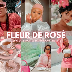 May include: A collage of images featuring a pink and white color scheme. The images include a woman wearing a pink shirt and sunglasses, a woman wearing a pink headscarf and white shirt, a woman wearing a pink off-the-shoulder top, a woman wearing a pink jacket and skirt, and a table setting with pink teacups and saucers. The text "FLEUR DE ROSÉ" and "DESKTOP & MOBILE LIGHTROOM PRESETS" is displayed in the center of the collage.