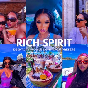 May include: A collage of images featuring women wearing sunglasses and stylish clothing. The text "RICH SPIRIT" and "DESKTOP & MOBILE LIGHTROOM PRESETS" is displayed on the image.