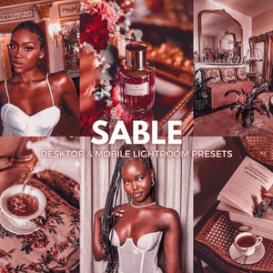 May include: A collage of images featuring a woman wearing a white top, a bottle of perfume, a book, a cup of tea, and a room with ornate furniture. The text "SABLE DESKTOP & MOBILE LIGHTROOM PRESETS" is displayed in the center of the image.