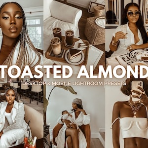 May include: A collage of images featuring a variety of people and settings. The images are styled with a warm, earthy color palette. The text "TOASTED ALMOND DESKTOP & MOBILE LIGHTROOM PRESETS" is displayed in the center of the collage.