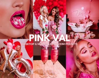 Könnte beinhalten: Eine Collage aus Bildern mit rosa und roten Herzen, Ballons und einer Frau mit rosa Lippenstift und Glitzer-Make-up. Der Text "PINK VAL" und "DESKTOP & MOBILE LIGHTROOM PRESETS" ist auf dem Bild zu sehen.