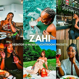 May include: A collage of images featuring people enjoying various activities, including dining, swimming, and relaxing outdoors. The images are styled with a warm, vibrant color palette and feature a variety of fashion and lifestyle elements. The text "ZAHi DESKTOP & MOBILE LIGHTROOM PRESETS" is displayed in a bold, white font.