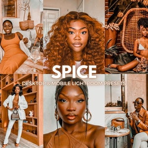 May include: A set of digital Lightroom presets called "Spice" for desktop and mobile devices. The presets are designed to enhance photos with warm, earthy tones and a vintage aesthetic.