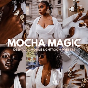 May include: A collage of images featuring a woman wearing a white top and various gold jewelry, a woman in a bathtub with a slice of cake, and a woman taking a selfie with gold nail art and a gold phone case. The text "MOCHA MAGIC" and "DESKTOP & MOBILE LIGHTROOM PRESETS" is displayed on the collage.