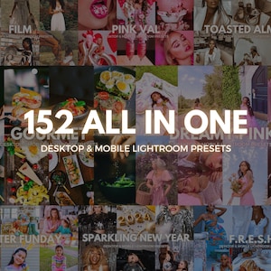 May include: A collage of images with text overlays, including "FILM," "PINK VAL," "TOASTED ALMOND," and "152 ALL IN ONE." The text "DESKTOP & MOBILE LIGHTROOM PRESETS" appears multiple times. Other text includes "EASTER FUNDAY," "SPARKLING NEW YEAR," and "F.R.E.S.H."