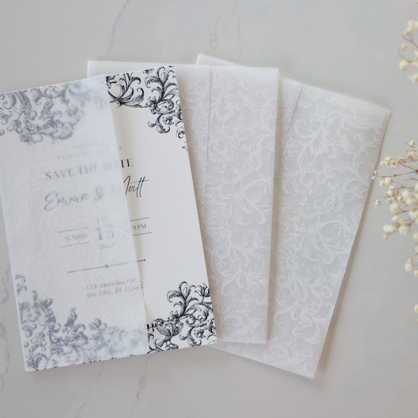 Classic Vellum Jacket - Sized for 5"x7" Invitations - Pre-folded Translucent Wrap for invites - White Ink - Free UK delivery