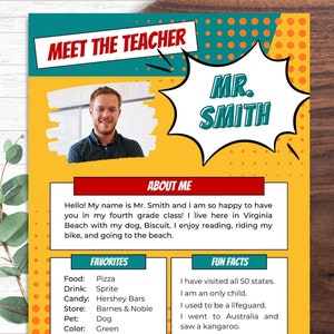 Superhero Male Meet the Teacher Template, Editable Printable Canva, Open House Back to School Flyer, About the Teacher Summary Download