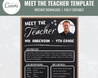 Chalkboard Male Meet the Teacher Template, Editable Printable Canva Open House Back to School Flyer, About the Teacher Summary Download