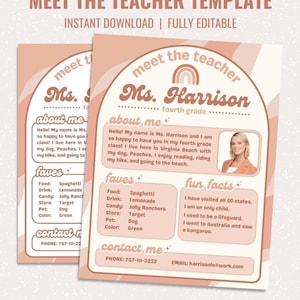 Groovy Boho Treffen Sie die Lehrer-Vorlage, Retro Canva Bearbeitbare Vorlage zum Drucken, Offenes Haus Back to School Flyer, Über den Lehrer-Download