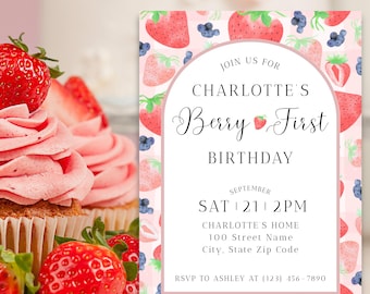Berry First Birthday Invitation, Berry First Birthday Evite, Berry 1st Birthday, Berry First Birthday Invite, Birthday Flyer, Canva Template