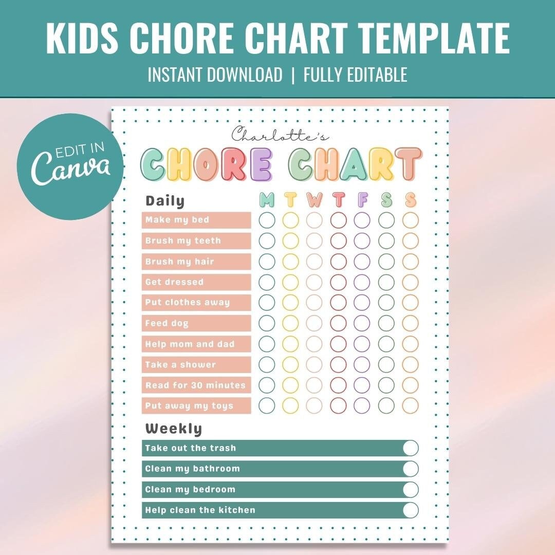 Printable Chore Chart for Kids and Family Responsibility Chart ...