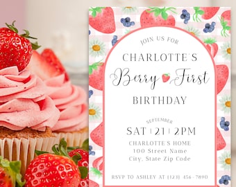 Berry First Birthday Invitation, Berry First Birthday Evite, Berry 1st Birthday, Berry First Birthday Invite, Birthday Flyer, Canva Template