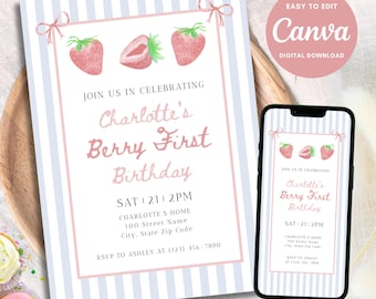 Berry First Birthday Invitation, Berry First Birthday Evite, Berry 1st Birthday, Berry First Birthday Invite, Birthday Flyer, Canva Template