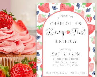Berry First Birthday Invitation, Berry First Birthday Evite, Berry 1st Birthday, Berry First Birthday Invite, Birthday Flyer, Canva Template