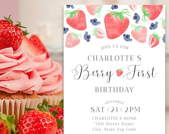 Berry First Birthday Invitation, Berry First Birthday Evite, Berry 1st Birthday, Berry First Birthday Invite, Birthday Flyer, Canva Template