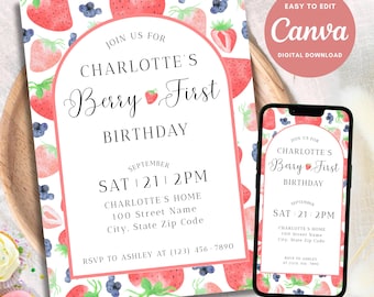 Berry First Birthday Invitation, Berry First Birthday Evite, Berry 1st Birthday, Berry First Birthday Invite, Birthday Flyer, Canva Template