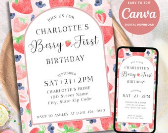 Berry First Birthday Invitation, Berry First Birthday Evite, Berry 1st Birthday, Berry First Birthday Invite, Birthday Flyer, Canva Template