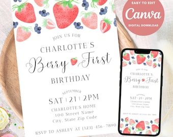 Berry First Birthday Invitation, Berry First Birthday Evite, Berry 1st Birthday, Berry First Birthday Invite, Birthday Flyer, Canva Template