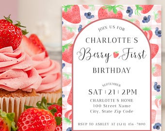 Berry First Birthday Invitation, Berry First Birthday Evite, Berry 1st Birthday, Berry First Birthday Invite, Birthday Flyer, Canva Template