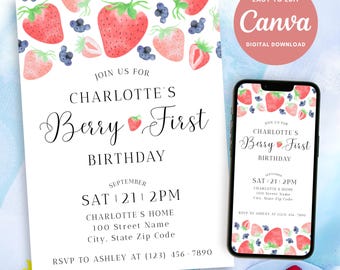 Berry First Birthday Invitation, Berry First Birthday Evite, Berry 1st Birthday, Berry First Birthday Invite, Birthday Flyer, Canva Template