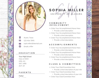 Sorority Resume Template with Photo, Sorority Cover Letter, Resume College Sorority, Sorority Resume Template Canva, Rush Resume Template