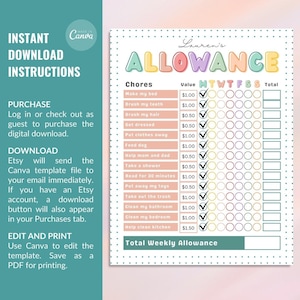 Top Lettering Allowance Editable Allowance Chore Chart for Kids, Printable Allowance Tracker ...