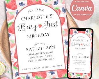Berry First Birthday Invitation, Berry First Birthday Evite, Berry 1st Birthday, Berry First Birthday Invite, Birthday Flyer, Canva Template