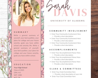 Sorority Resume Template with Photo, Sorority Cover Letter, Resume College Sorority, Sorority Resume Template Canva, Rush Resume Template