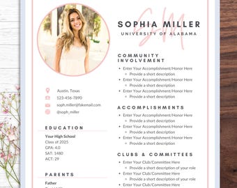 May include: A resume template with a photo of a woman, contact information, education, and sections for community involvement, accomplishments, clubs, and hobbies. The document is in a soft pink and white color scheme.