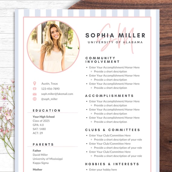 Sorority Resume Template with Photo, Sorority Cover Letter, Resume College Sorority, Sorority Resume Template Canva, Rush Resume Template